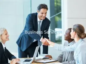 Business meeting with professionals reviewing documents and laptops